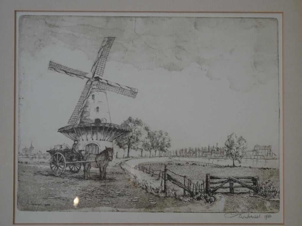 Ets zicht op Ravenstein, molen paard en wagen A. van Woensel, Antiek en Kunst, Stadsgezicht, Origineel, 1950 - 1999, Verzenden