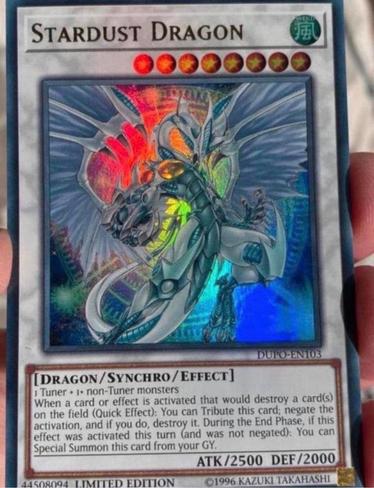 Yu-Gi-Oh! Stardust Dragon DUPO Limited Edition !, Ophalen of Verzenden, Zo goed als nieuw, Losse kaart, Foil