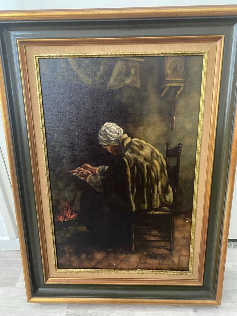 Schilderij P. Heuvel '91 - Vrouw bij open haard, Ophalen of Verzenden