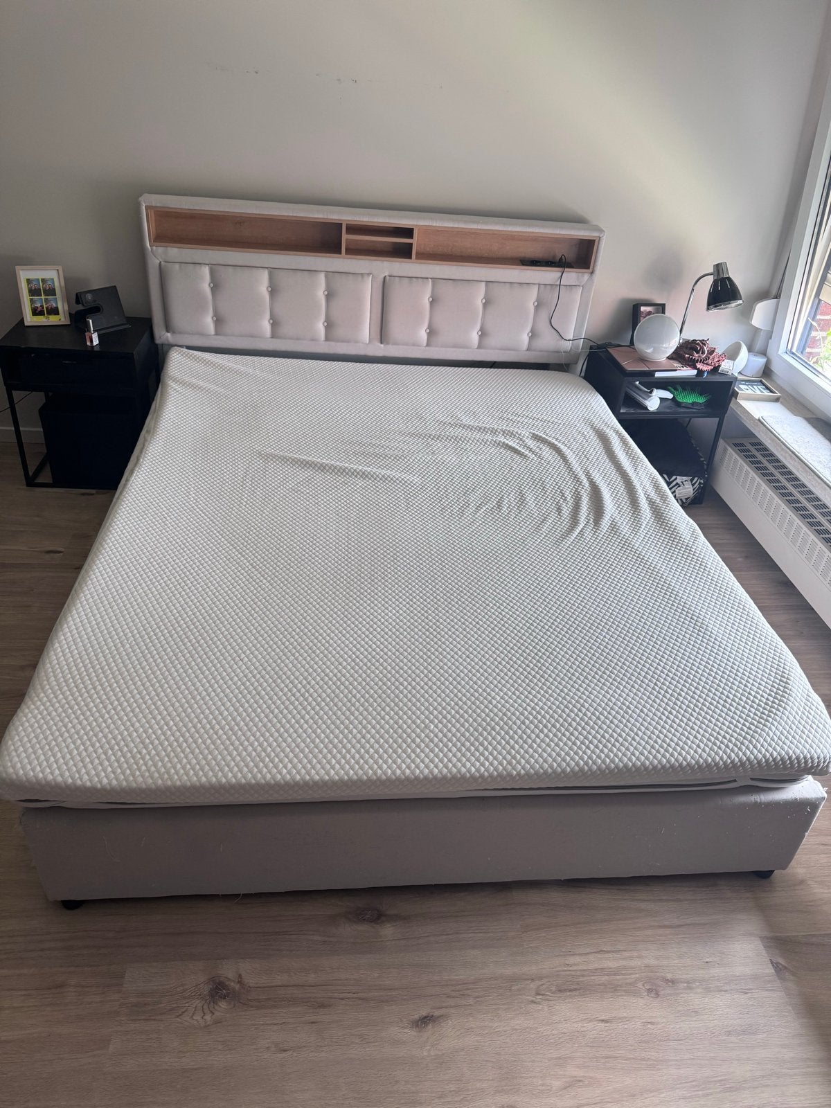 Tweepersoonsbed met opbergruimte en hoofdbord, Huis en Inrichting, Slaapkamer | Bedden, Ophalen, Gebruikt, Beige, Tweepersoons