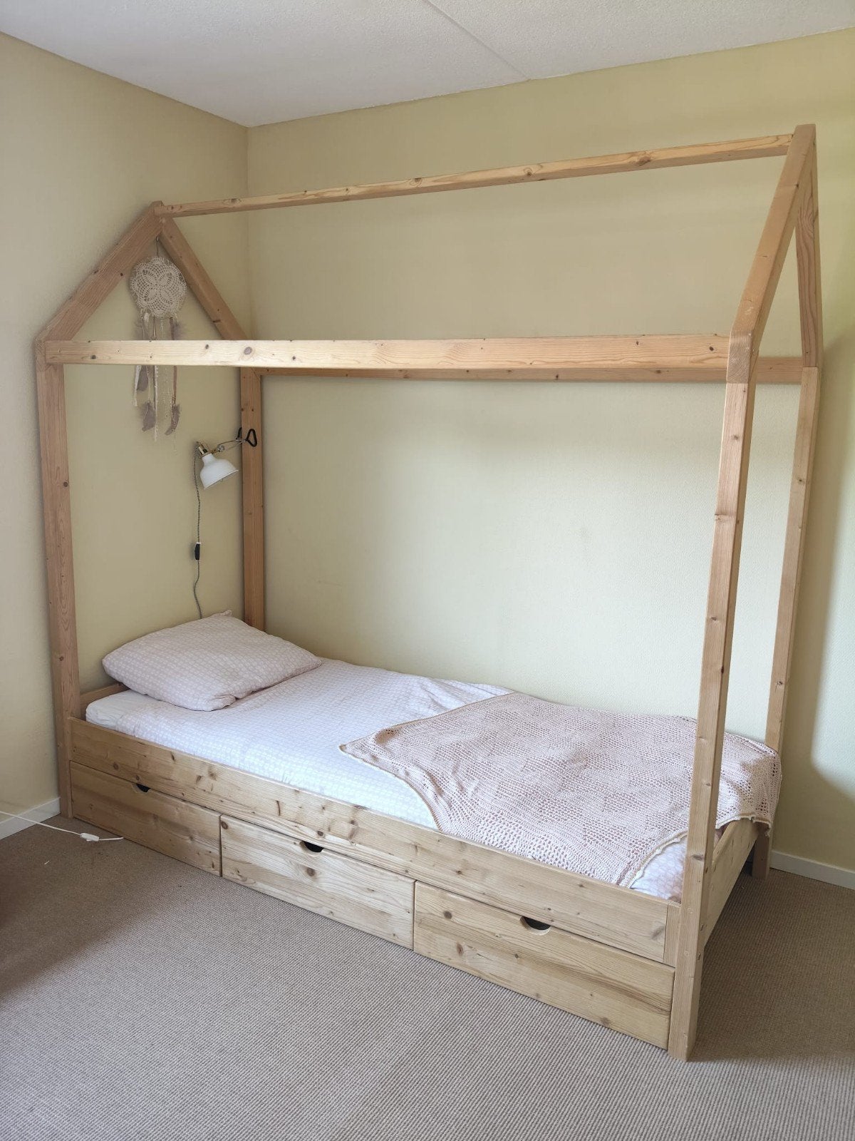 Houten huisbed met opberglades - Eenpersoons, Gebruikt, 90 cm, Ophalen of Verzenden, 200 cm