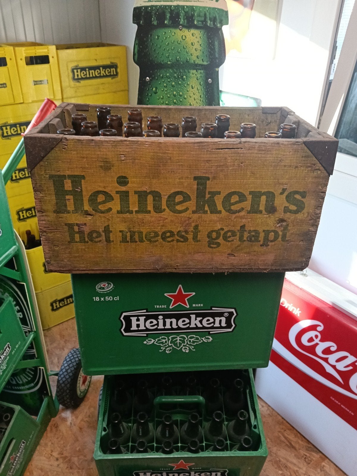 Vintage Heineken houten krat met flessen uit 1986., Ophalen, Gebruikt, Flesje(s), Heineken