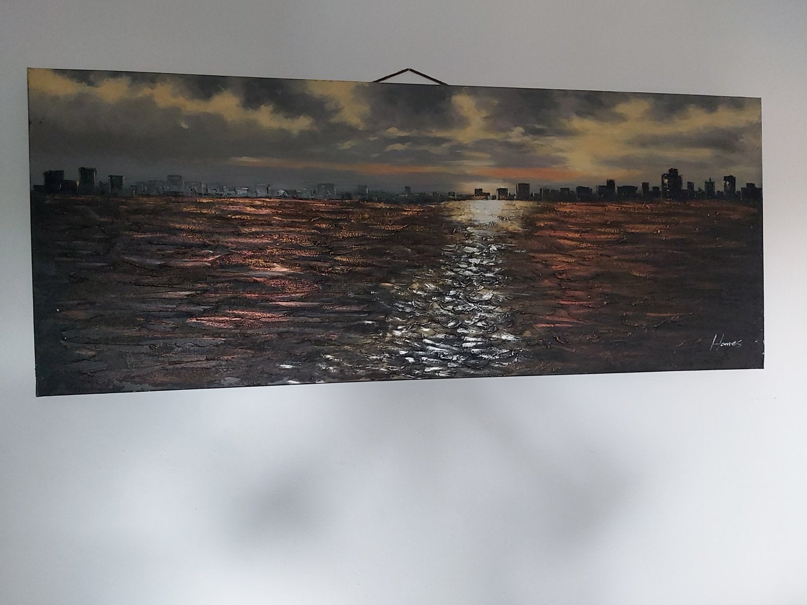 Stadsgezicht bij zonsondergang - Olieverf op doek, Antiek en Kunst, Kunst | Schilderijen | Klassiek, Ophalen, Doek, Realistisch
