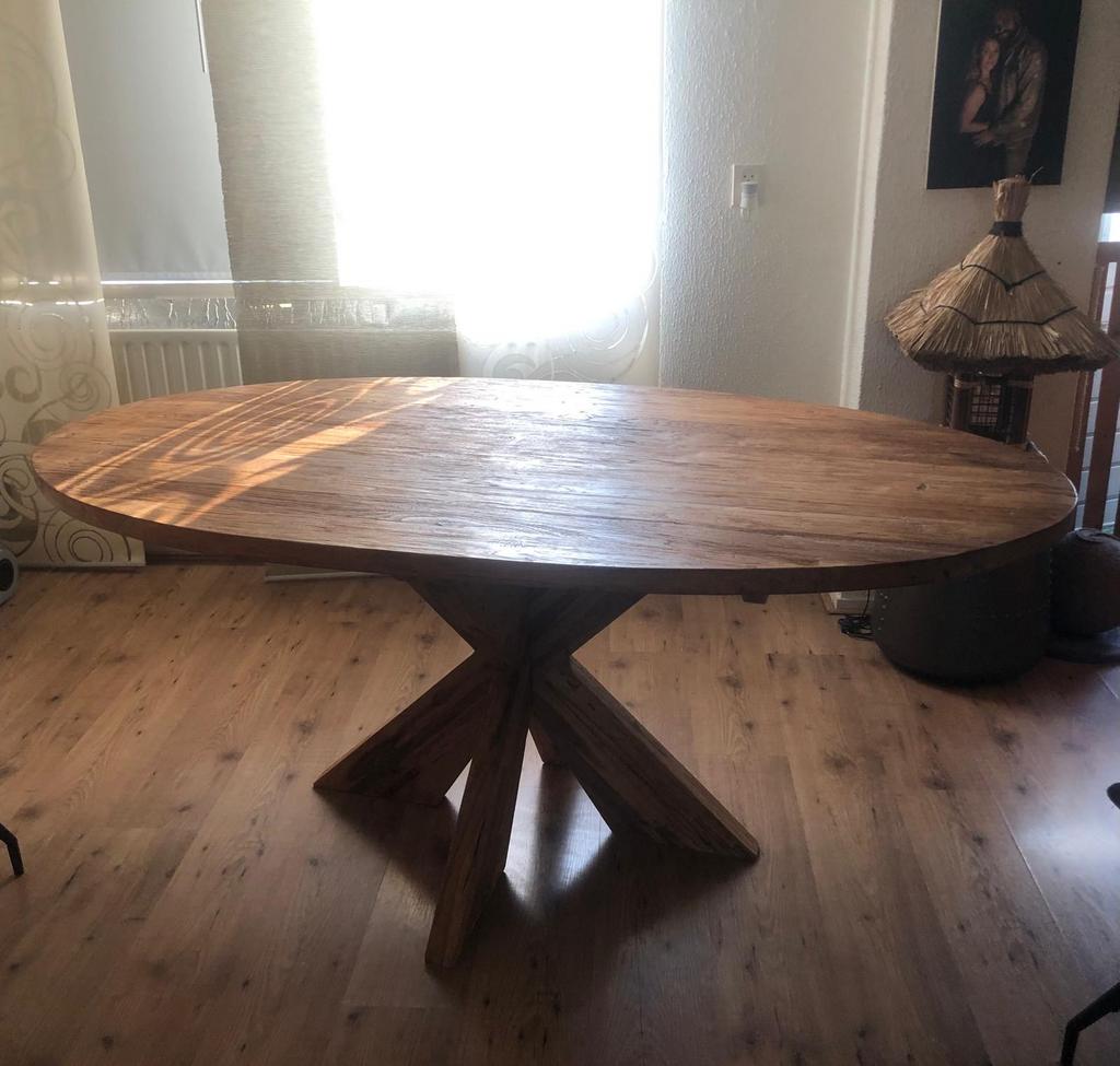 Ovale houten eettafel met unieke kruispoot, Ophalen, Teakhout, 200 cm of meer, 50 tot 100 cm