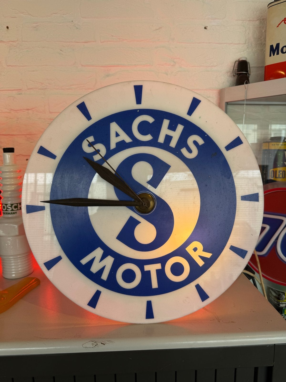 Vintage Sachs Motor Lichtreclame Klok - Jaren '50, Ophalen of Verzenden