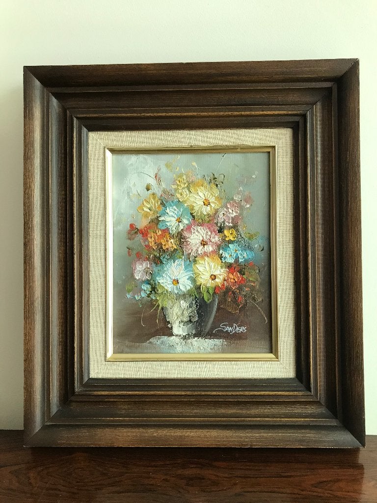 Schilderij bloemen in vaas  Sanders in houten lijst kader, Antiek en Kunst, Ophalen of Verzenden, Bijzondere lijst, Bloemen