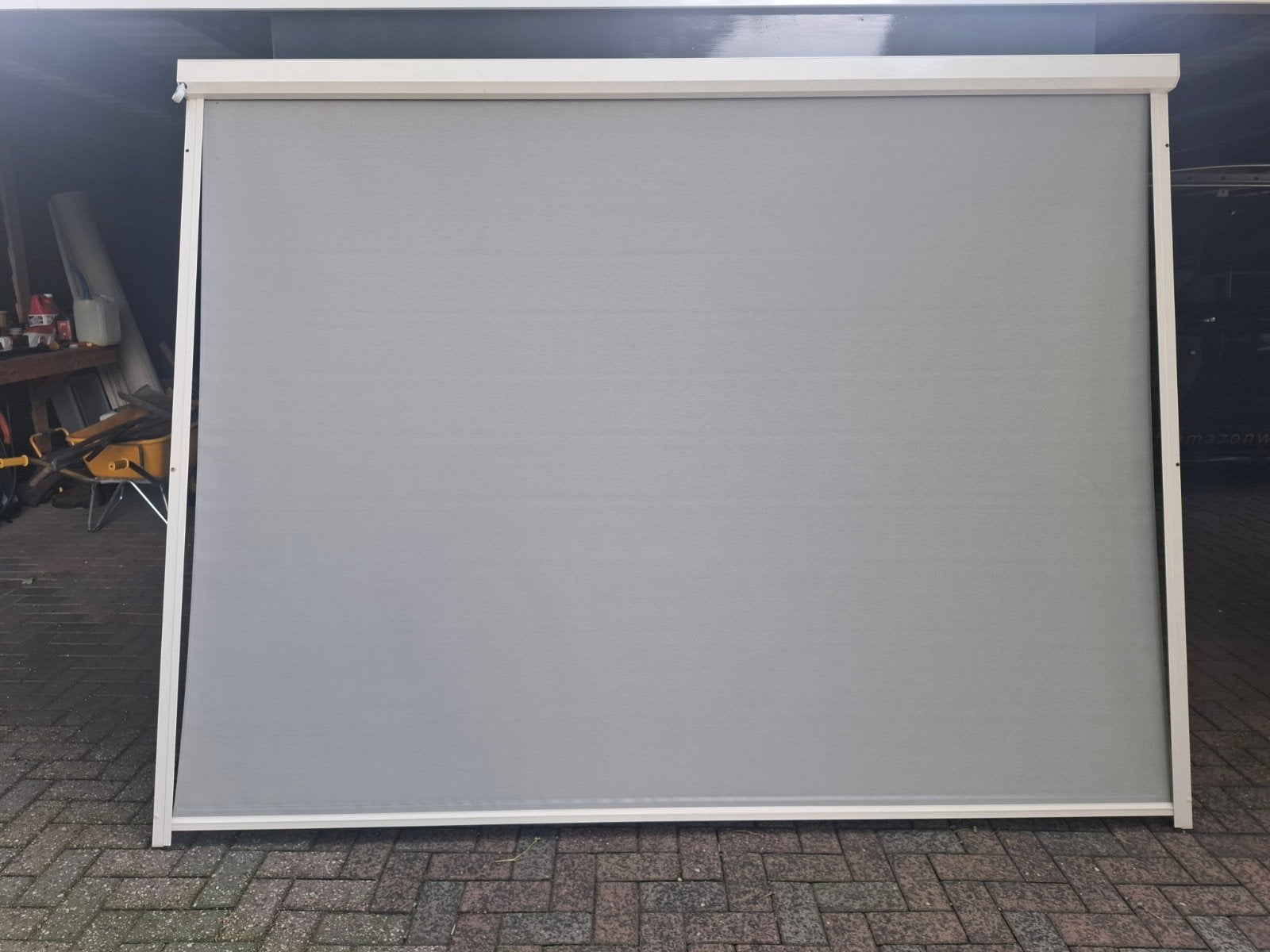 Screen zonwering met handbediening, slingerstang., Tuin en Terras, Ophalen, Gebruikt, 150 tot 300 cm, 250 cm tot 450 cm