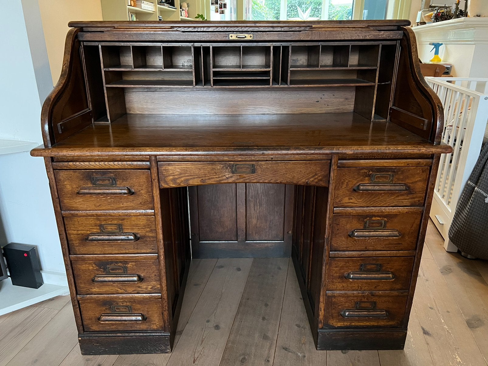 Uniek Engels Antiek Eiken Rolluikbureau Oud Hout Vintage, Ophalen, Gebruikt