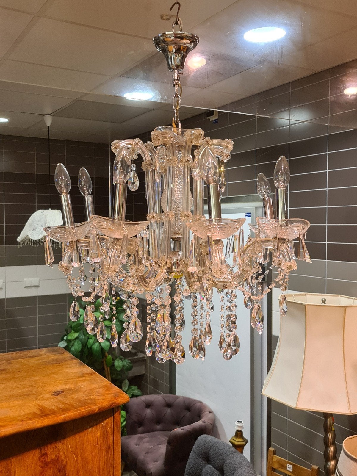 kroonluchter kristal lamp 8 arms €245, Ophalen, Industrieel landelijk barok brocante koloniaal boheems vintage, ., E14 (klein)