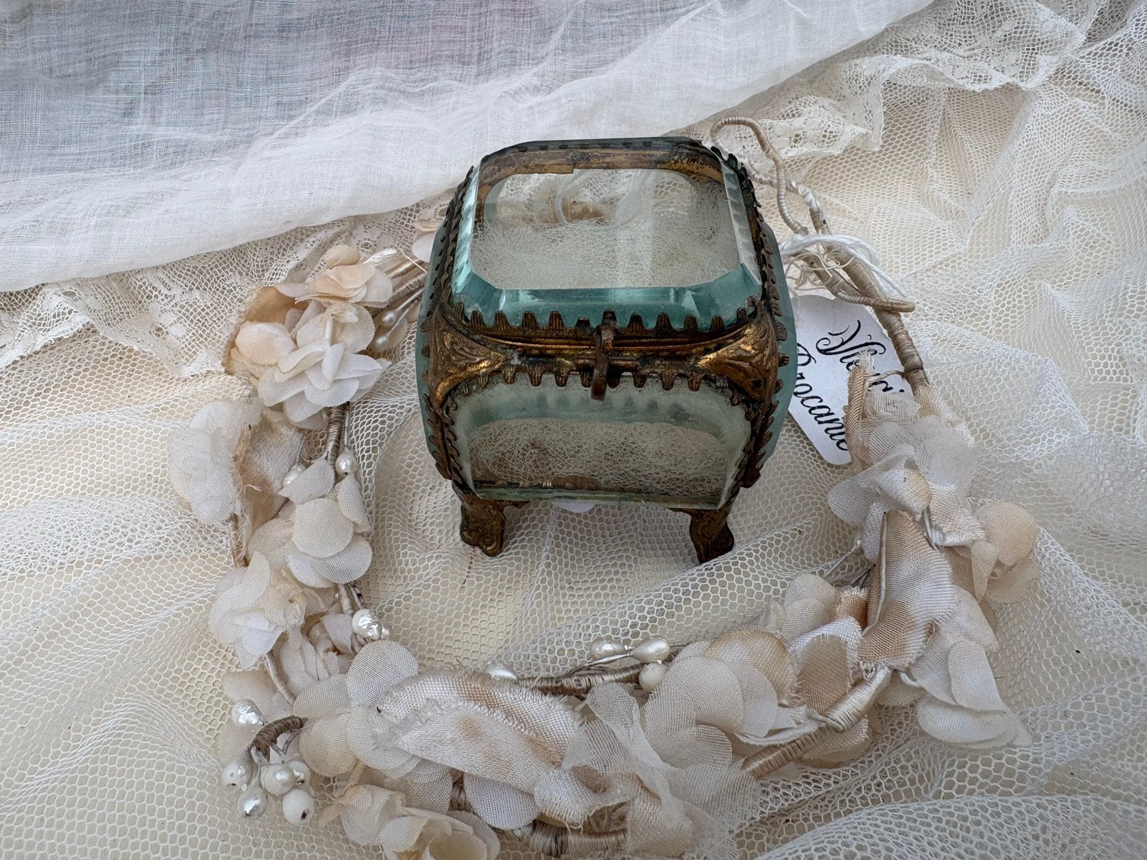 Antiek frans sieraden kistje glas, Ophalen of Verzenden