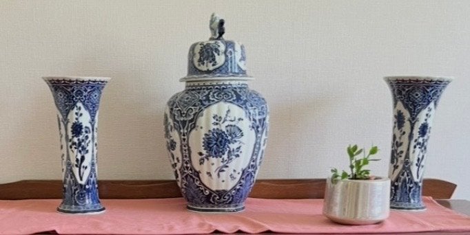 Delfts blauw vazen set - Grote pot met deksel en 2 vazen, Ophalen