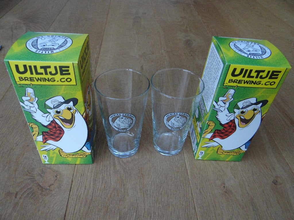 Uiltje bierglazen 2 stuks nieuw in doos, Verzamelen, Ophalen of Verzenden, Nieuw, Glas of Glazen, Overige merken