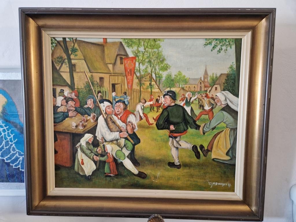 Schilderij: Dorpsfeest in antieke lijst, gesigneerd 1987, Ophalen of Verzenden
