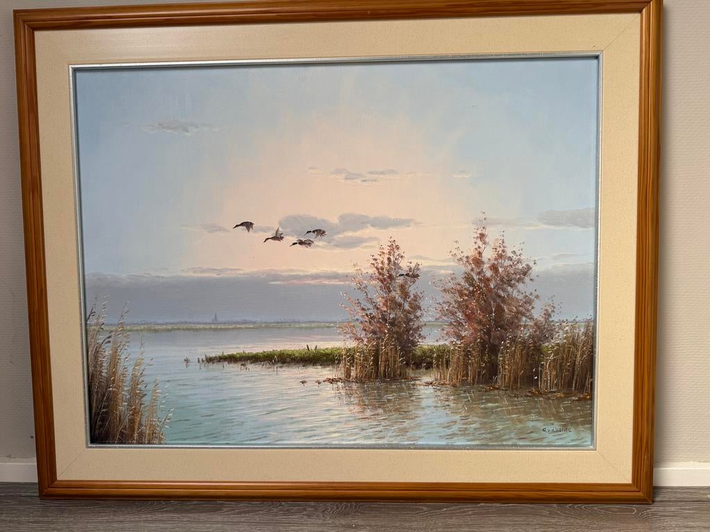 Schilderij: Eenden boven waterlandschap, Ophalen of Verzenden