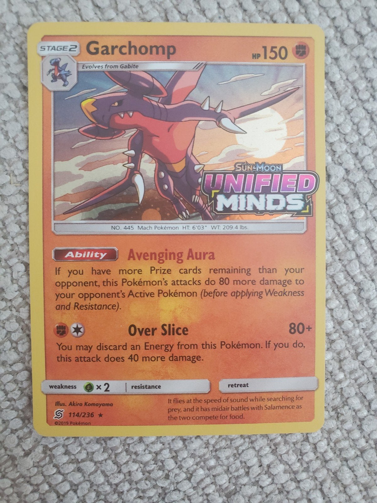 pokémon garchomp 114/236 cosmos holo stampend unified minds, Ophalen of Verzenden, Zo goed als nieuw, Losse kaart, Foil