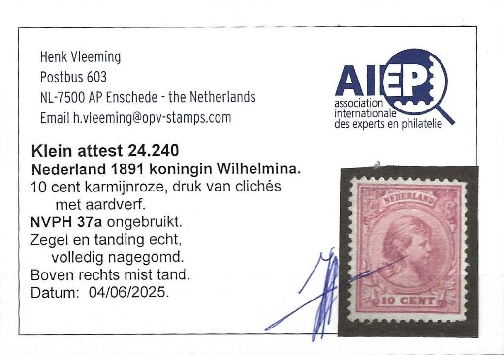 Nederland - NVPH 37a* [1891] - klein attest Henk Vleeming -, Postzegels en Munten, Postzegels | Nederland, Ophalen of Verzenden