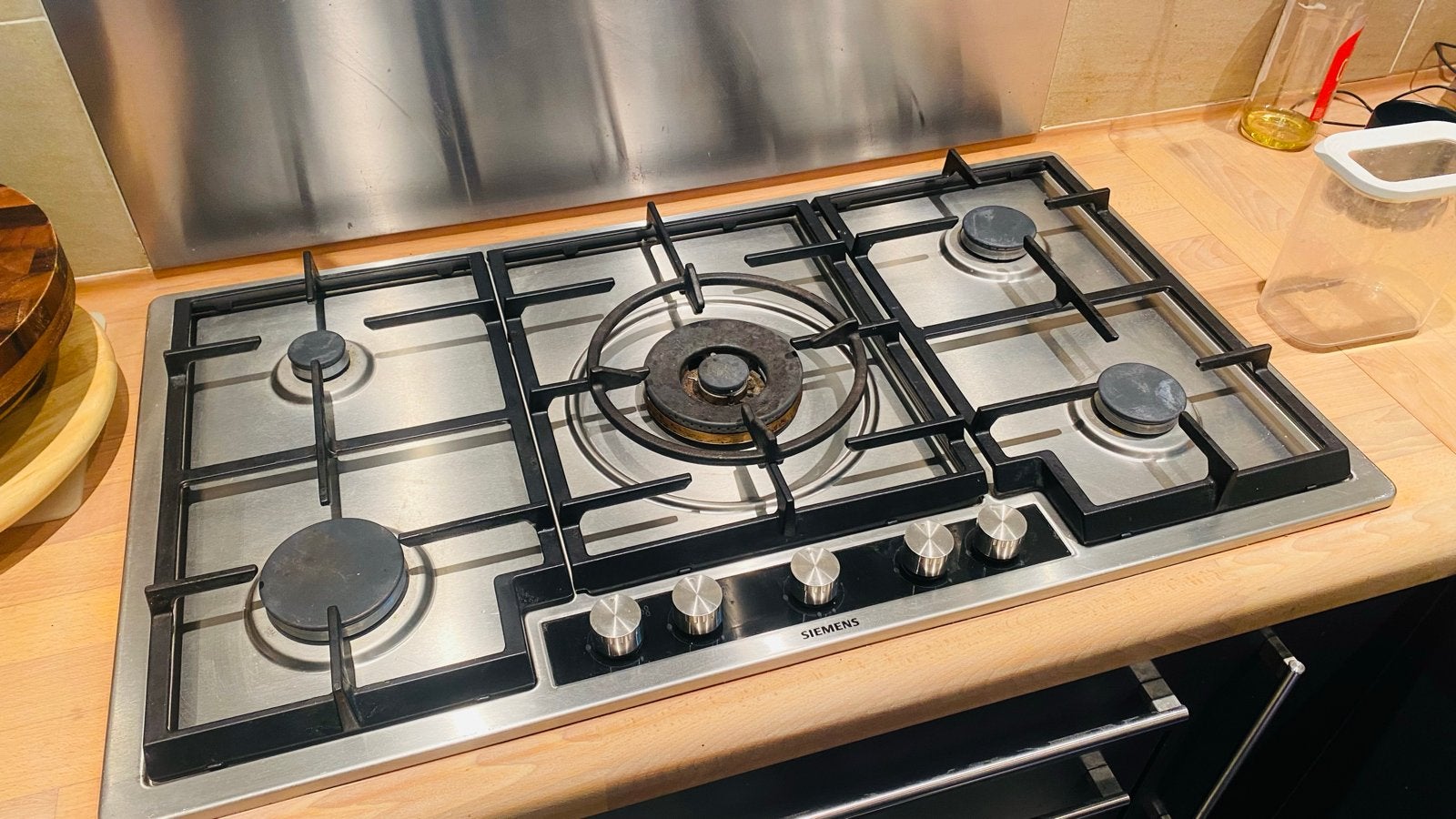 Siemens RVS Gasfornuis 5 Pits met Wokbrander, Witgoed en Apparatuur, Fornuizen, Ophalen, Gebruikt, 60 cm of meer, Inbouw