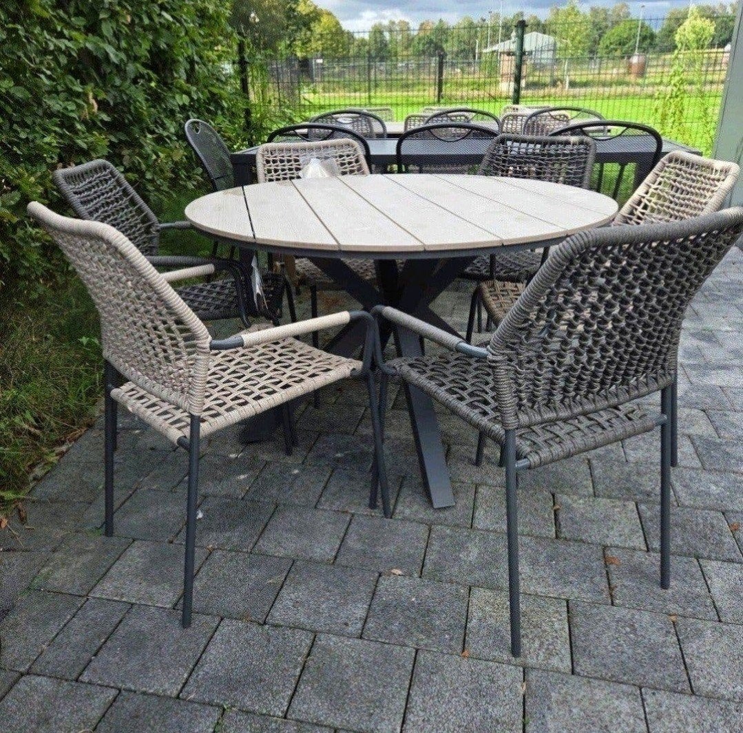 Ronde tafel Onderhoudsvrij Met 6 stapelbare stoelen €550, Ophalen, Nieuw