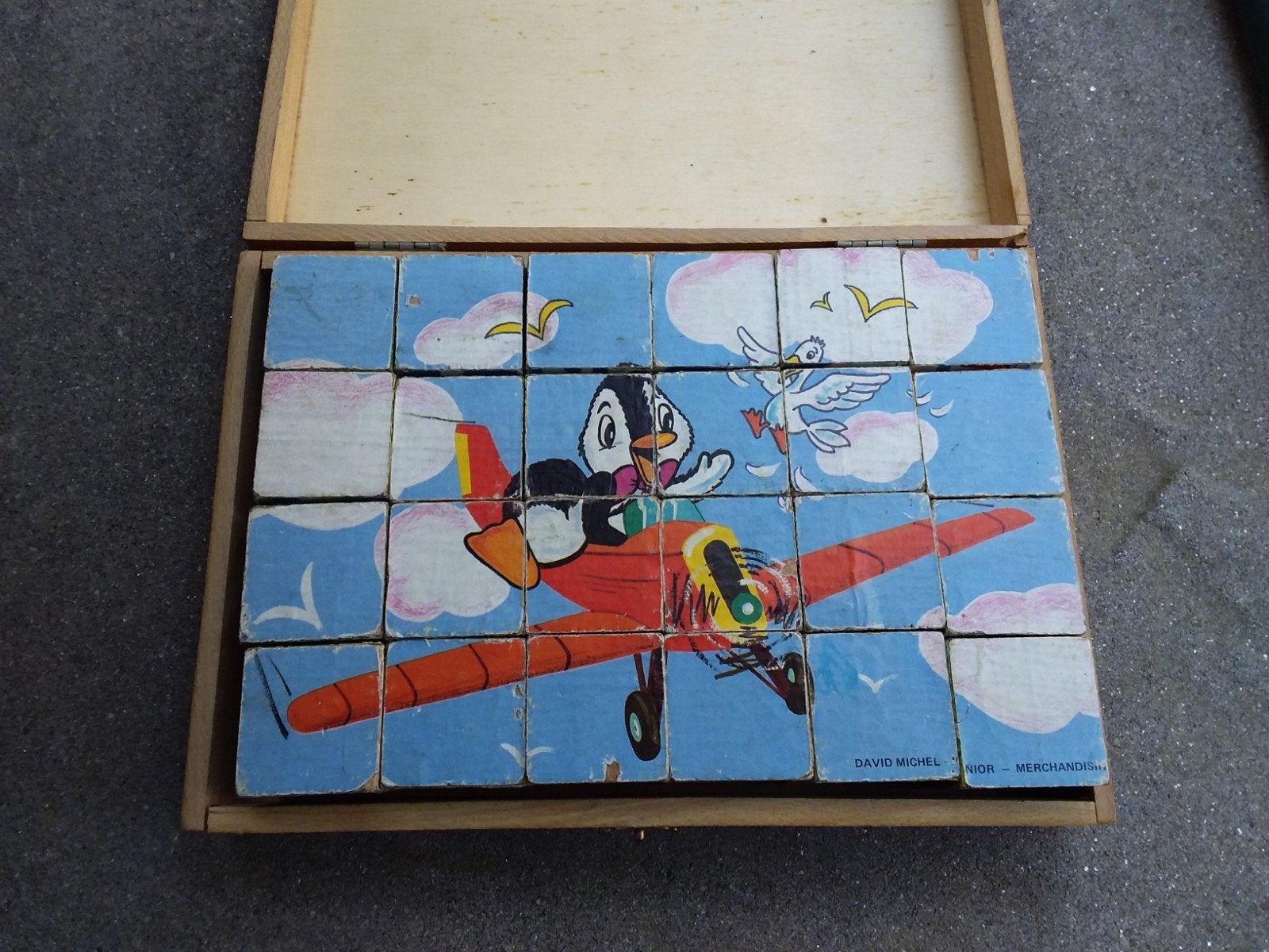 Brocante Houten Blokkenpuzzel Pinguïn Vliegtuig, Ophalen of Verzenden