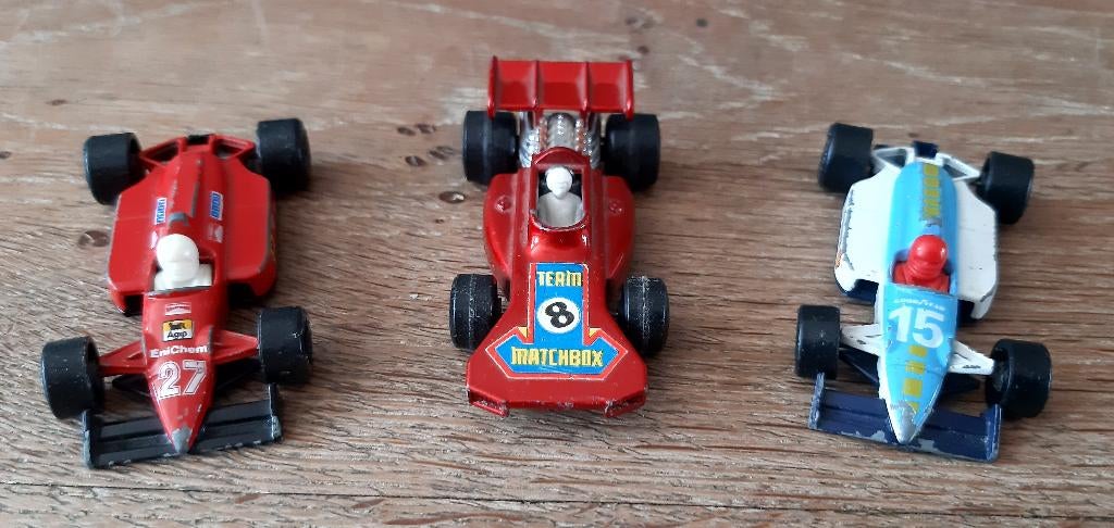 Matchbox lot van 3 F1 race autos jaren 70 en 80, Ophalen of Verzenden, Gebruikt, Auto