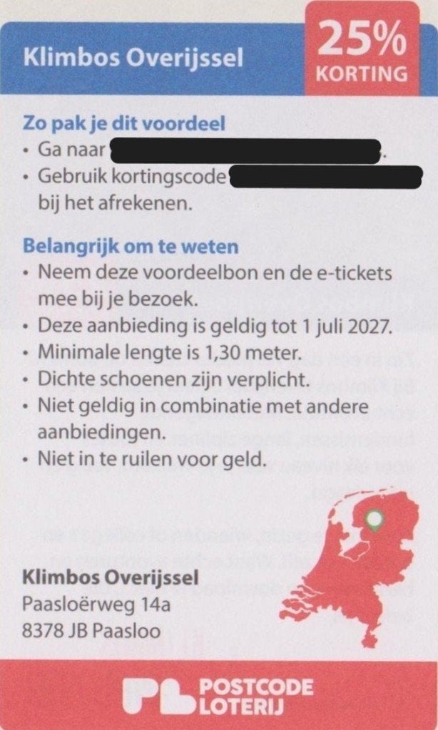 Klimbos Overijsel. 25% korting. Postcodeloterij kortingsbon., Drie personen of meer, Kortingskaart