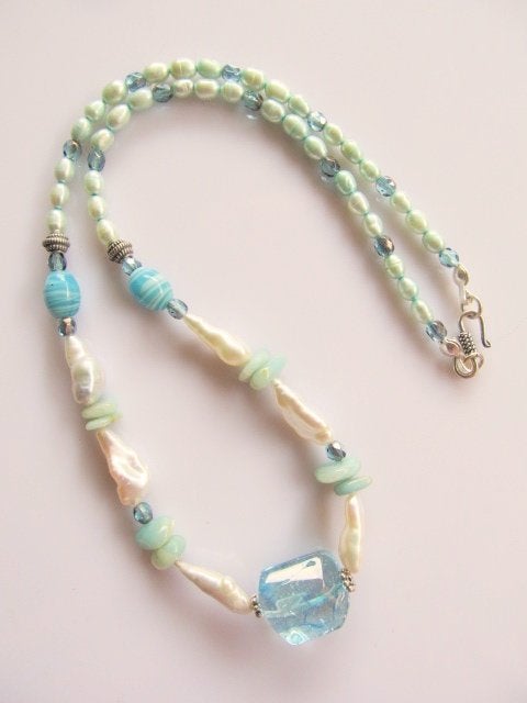 Ketting Bobby-Jo amazoniet-parels-kwarts-glas zilver, Ophalen, Nieuw, Zilver, Met edelsteen