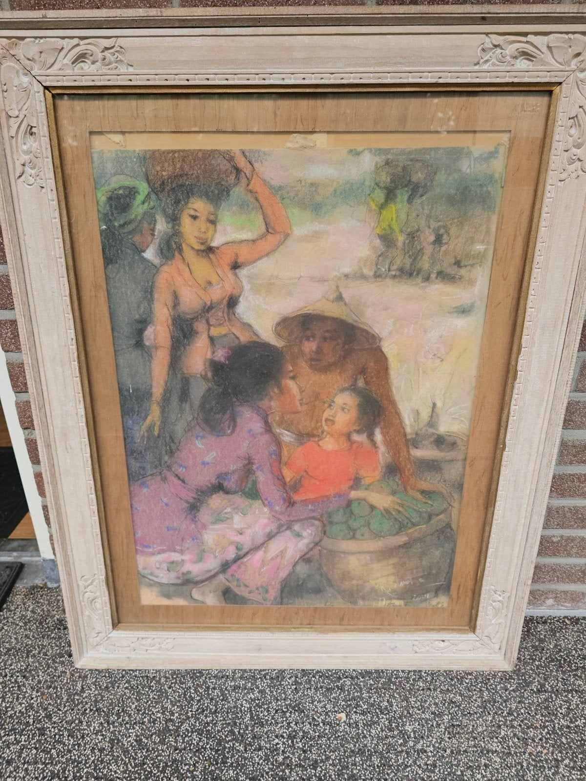 Olieverfschilderij Balinese marktscène, gesigneerd, Antiek en Kunst, Kunst | Schilderijen | Klassiek, Ophalen of Verzenden
