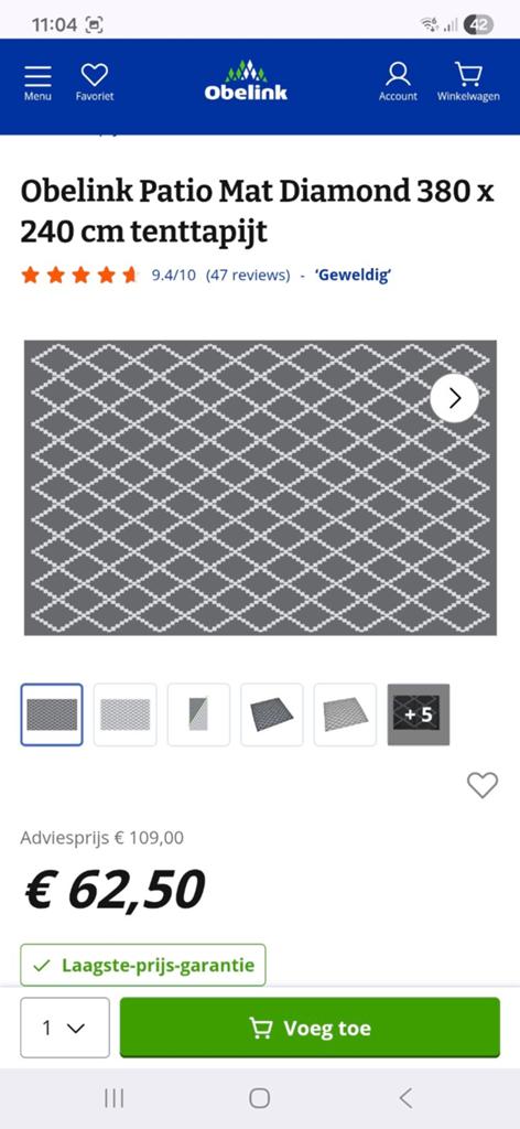 Obelink Patio Mat Diamond 380x240 tenttapijt, zgan, Ophalen of Verzenden, Zo goed als nieuw