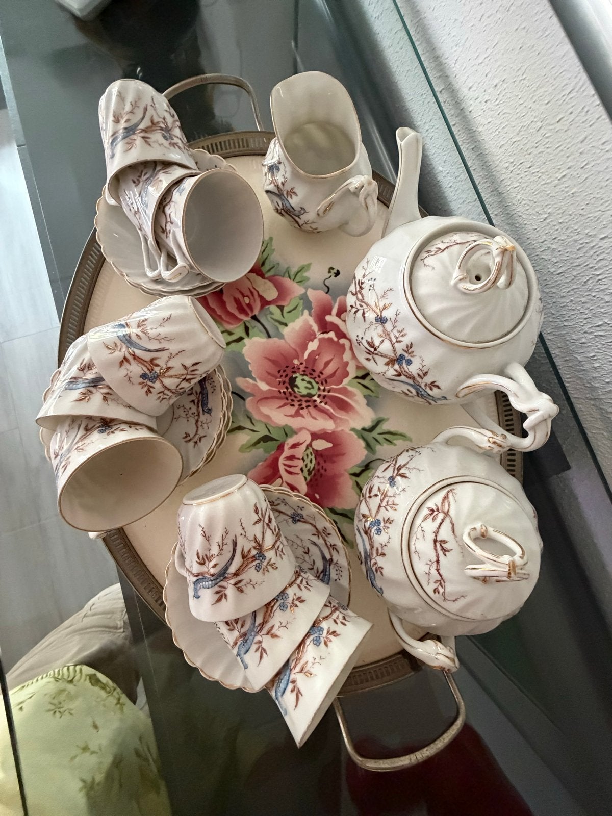 Prachtig  Porseleinen vintage  Theeservies met Vogeldecor, Ophalen