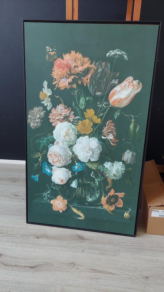 Groot bloemen schilderij in donkergroene tinten, 70x118cm, Ophalen, Zo goed als nieuw, Schilderij, 100 tot 125 cm