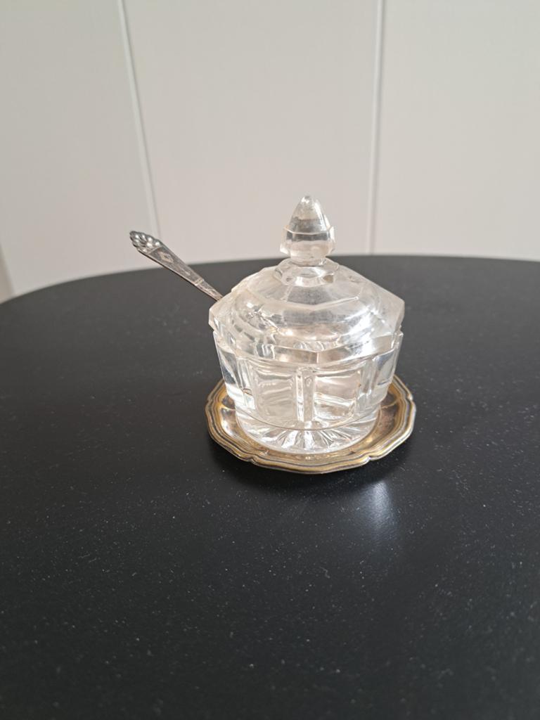 Antiek jam of mosterd potje met onderschaal en lepeltje, Ophalen of Verzenden