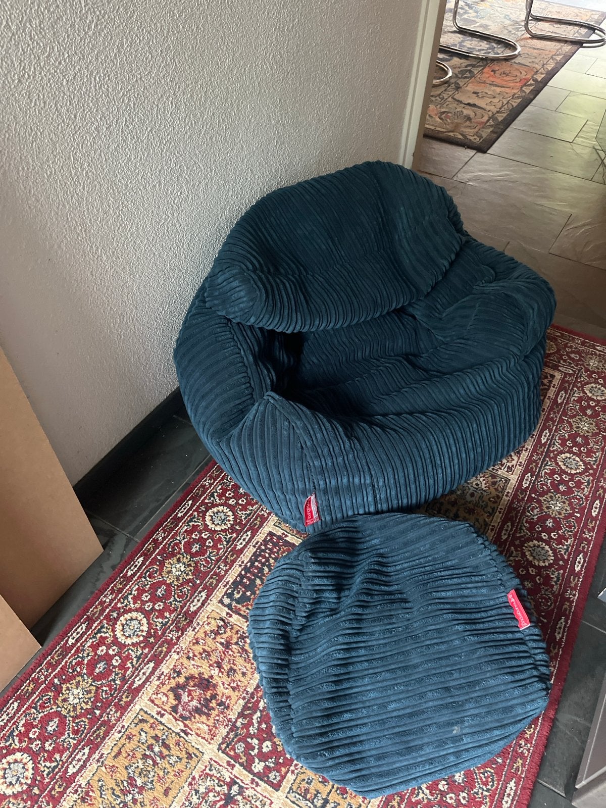 Loungepug Zitzak met Voetenbankje - Donkerblauw Ribstof, Ophalen, Gebruikt, Blauw, Zitzak