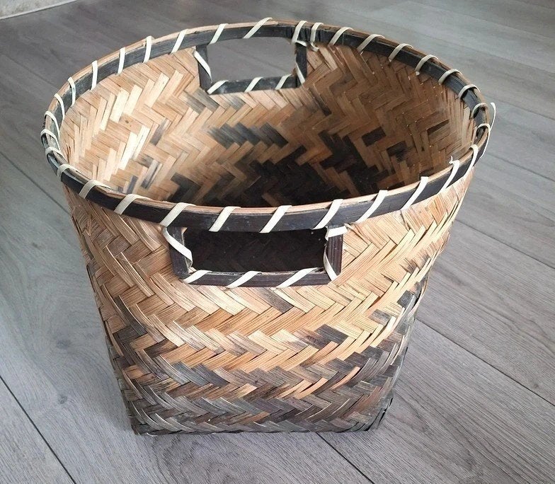 Boho bamboe opbergmand gevlochten mand 30 cm, Mand, Rond, Ophalen of Verzenden, Zo goed als nieuw