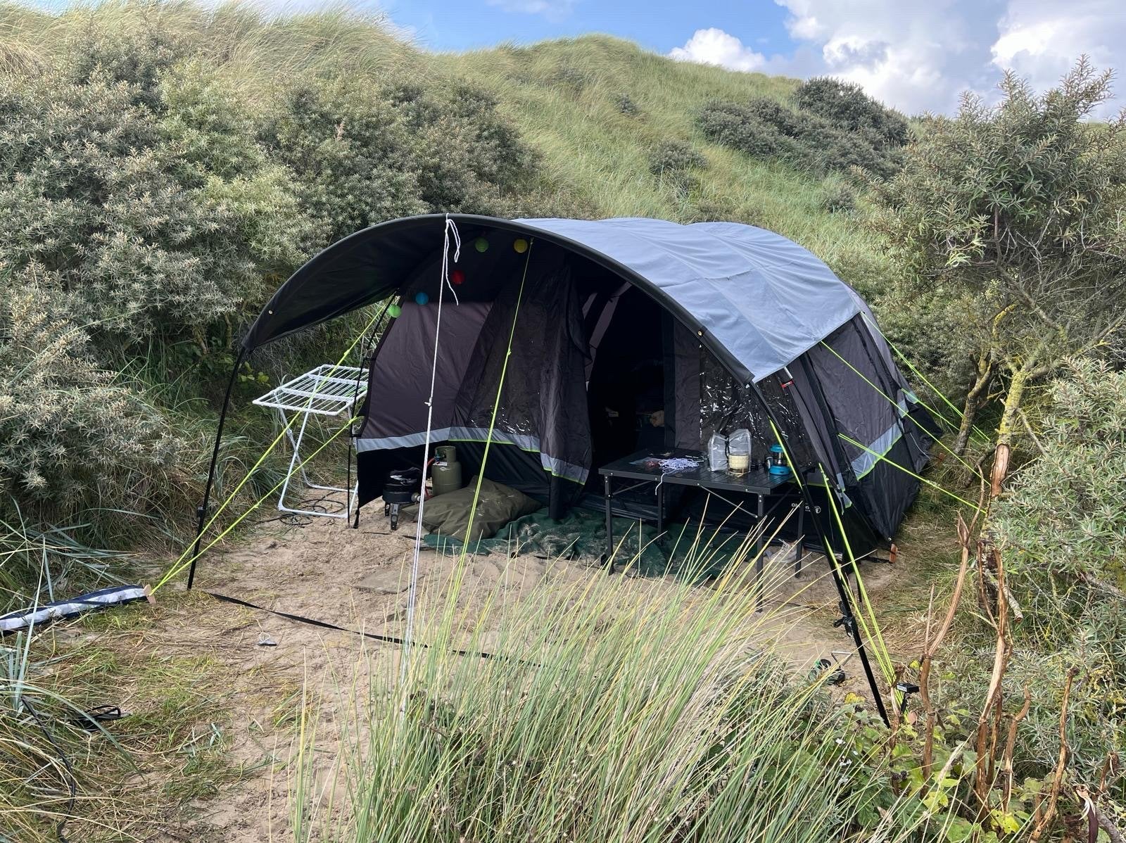 Obelink Columbia 5 Easy Air tunneltent + Soleil luifel, Ophalen, Zo goed als nieuw, Tot en met 5