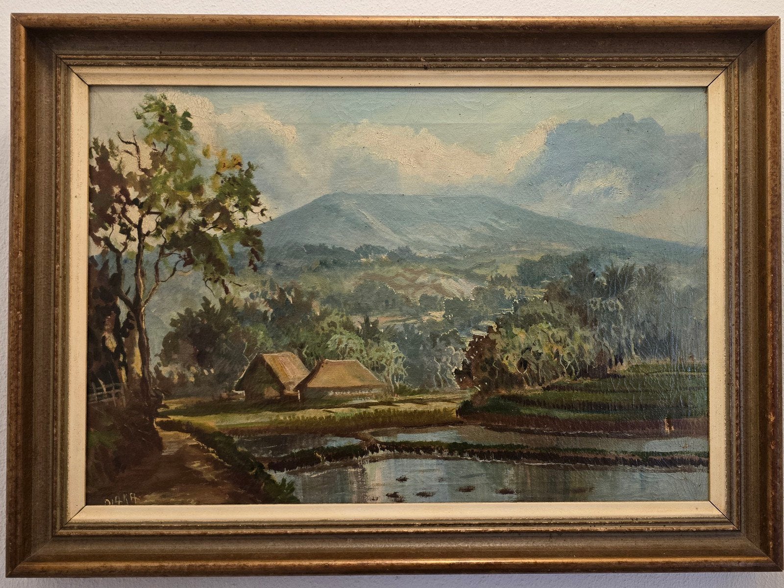 Mid-Century Indisch Schilderij 'Tangkuban Prau' (58x42cm), Antiek en Kunst, Ophalen of Verzenden