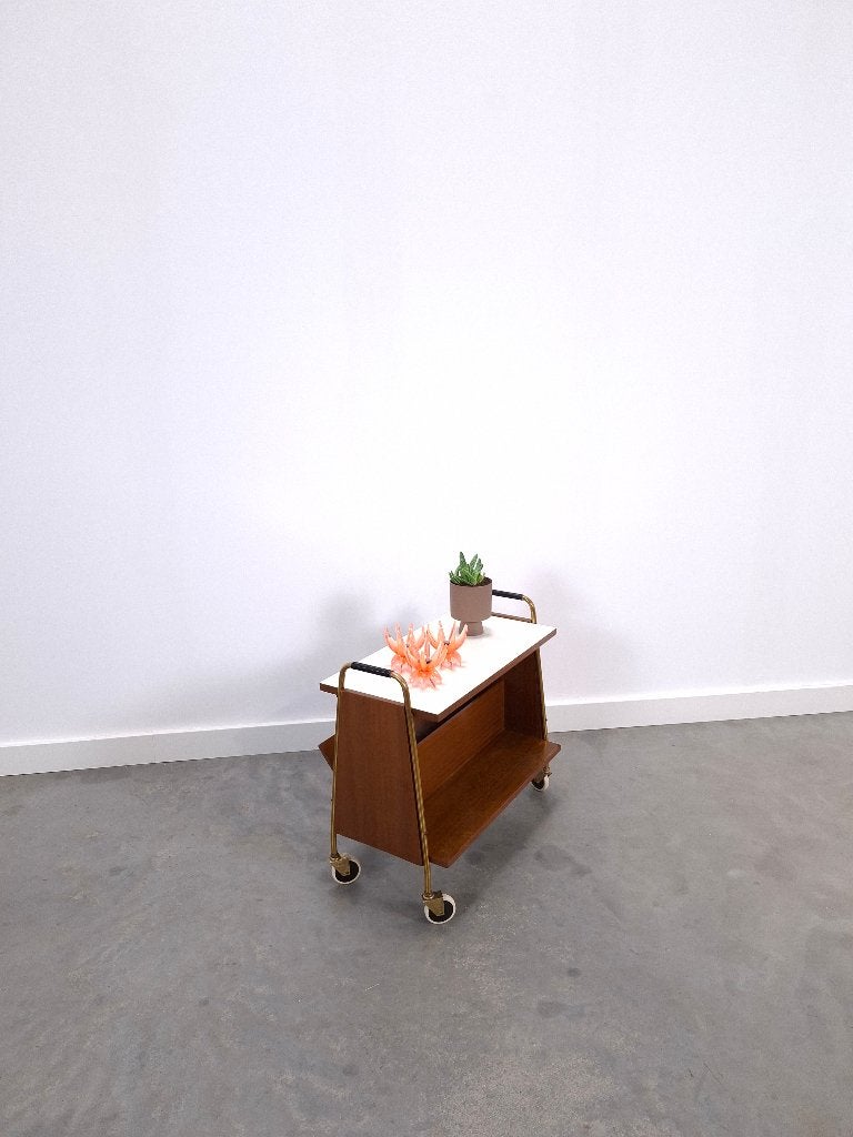 Vintage jaren 50 bijzettafel lectuur formica, teak, trolley, 45 tot 60 cm, Gebruikt, Vintage trolley lectuur, Rechthoekig