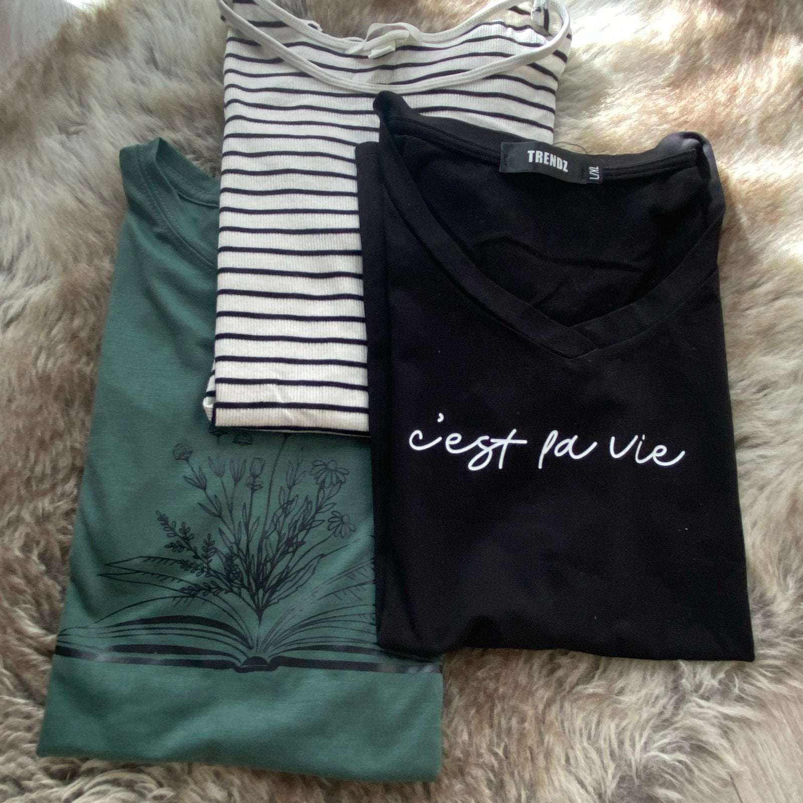 3 T-shirts maat L met streep en opdruk, Kleding | Dames, Meerkleurig, Maat 42/44 (L), Ophalen of Verzenden, Zo goed als nieuw