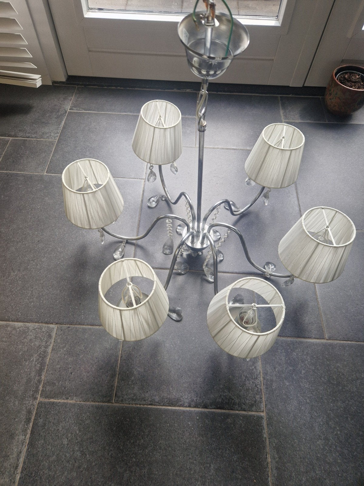 Moderne Kroonluchter met 6 Kappen en Kristallen, Ophalen, Gebruikt, Modern, Klassiek, Glamour, E14 (klein)