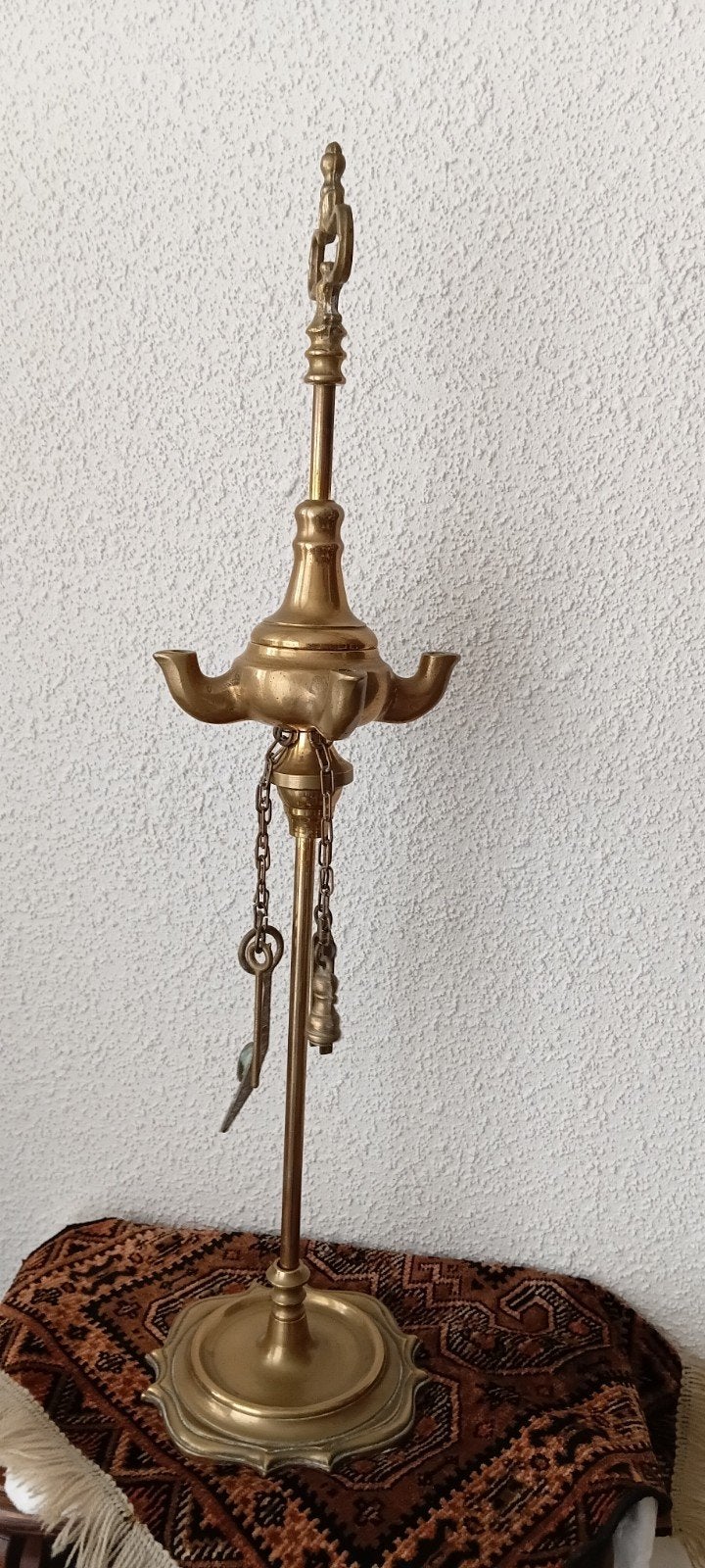 Oude *Messing Olielamp / Snotneus - 4 Lonten - 53 cm Hoog, Ophalen of Verzenden