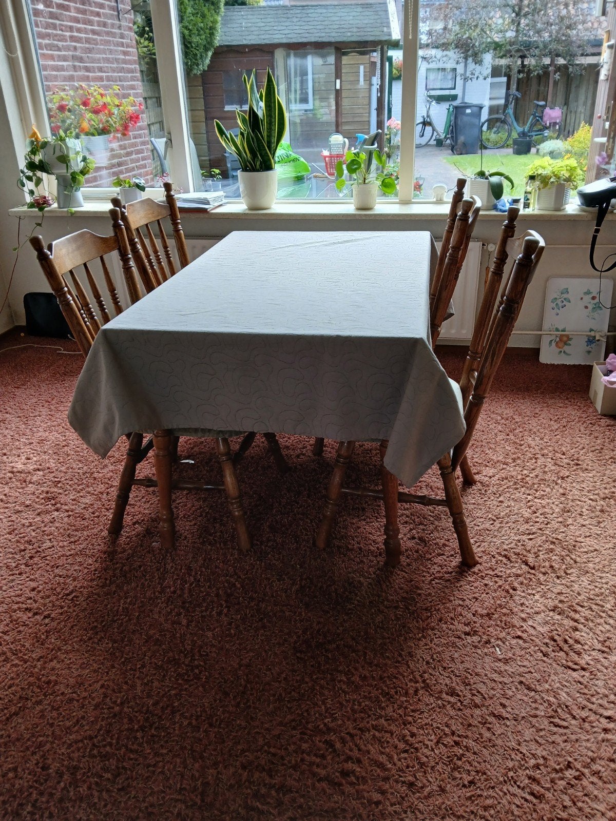 Houten eetkamerstoelen met stoffen zitting (6 stuks), Ophalen, Gebruikt, Bruin, Klassiek