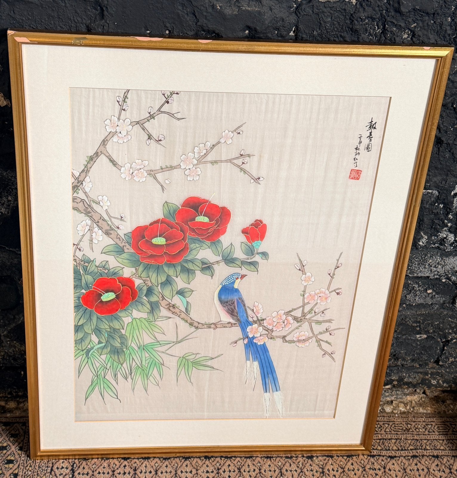 Vintage antieke chinese schildering op zijde vogel bloemen, Ophalen, Schilderij, Geschilderd, Overige materialen