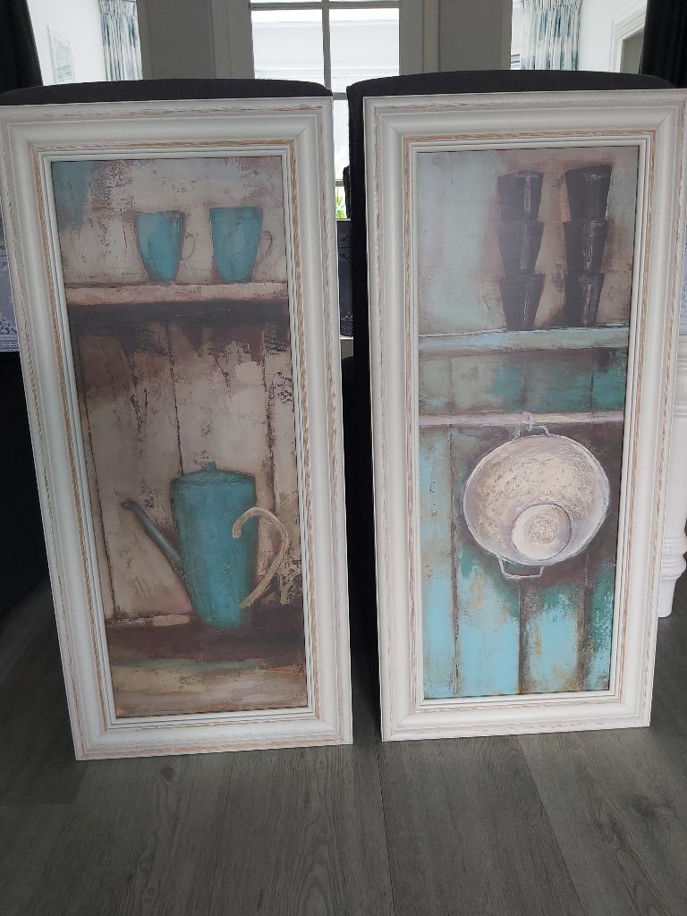 2 brocante wandpanelen/reproducties. LXB 92,5x42,5cm, Hout, Ophalen of Verzenden, Zo goed als nieuw, Wandbord of Wandpaneel