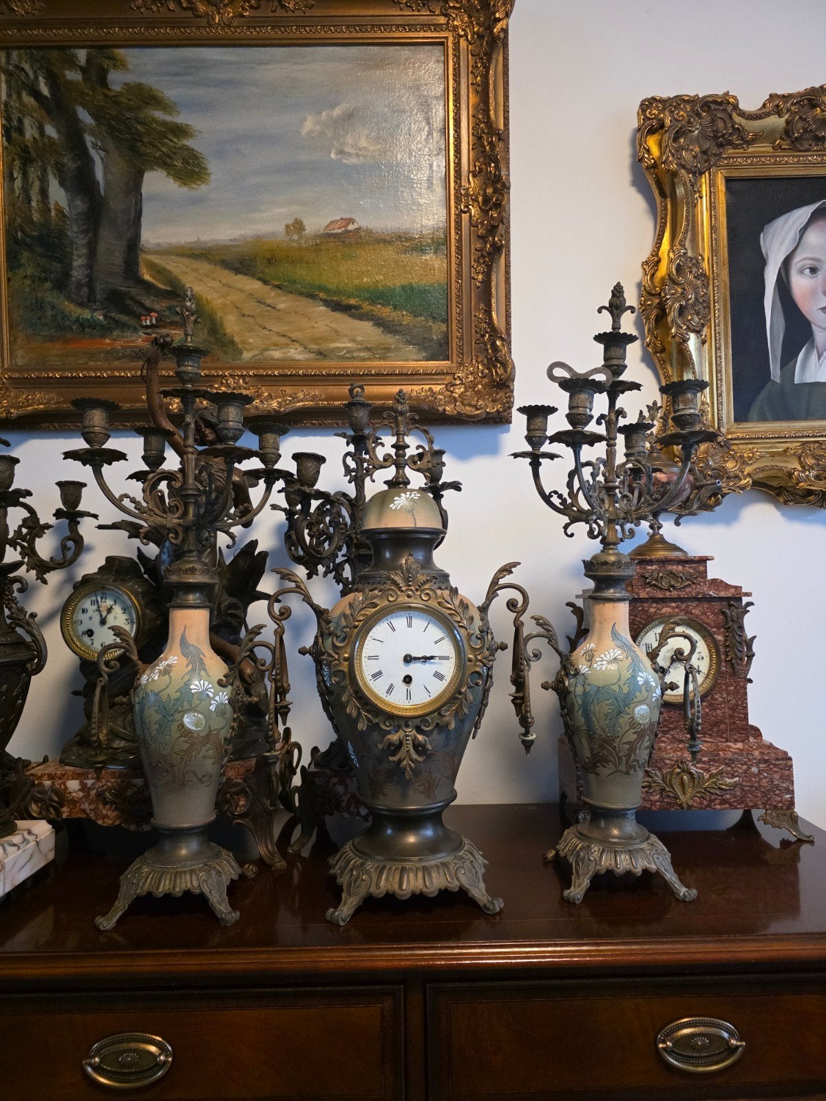 Antieke Klokkenset met Kandelaars - Brons en Porselein, Antiek en Kunst, Antiek | Klokken, Ophalen