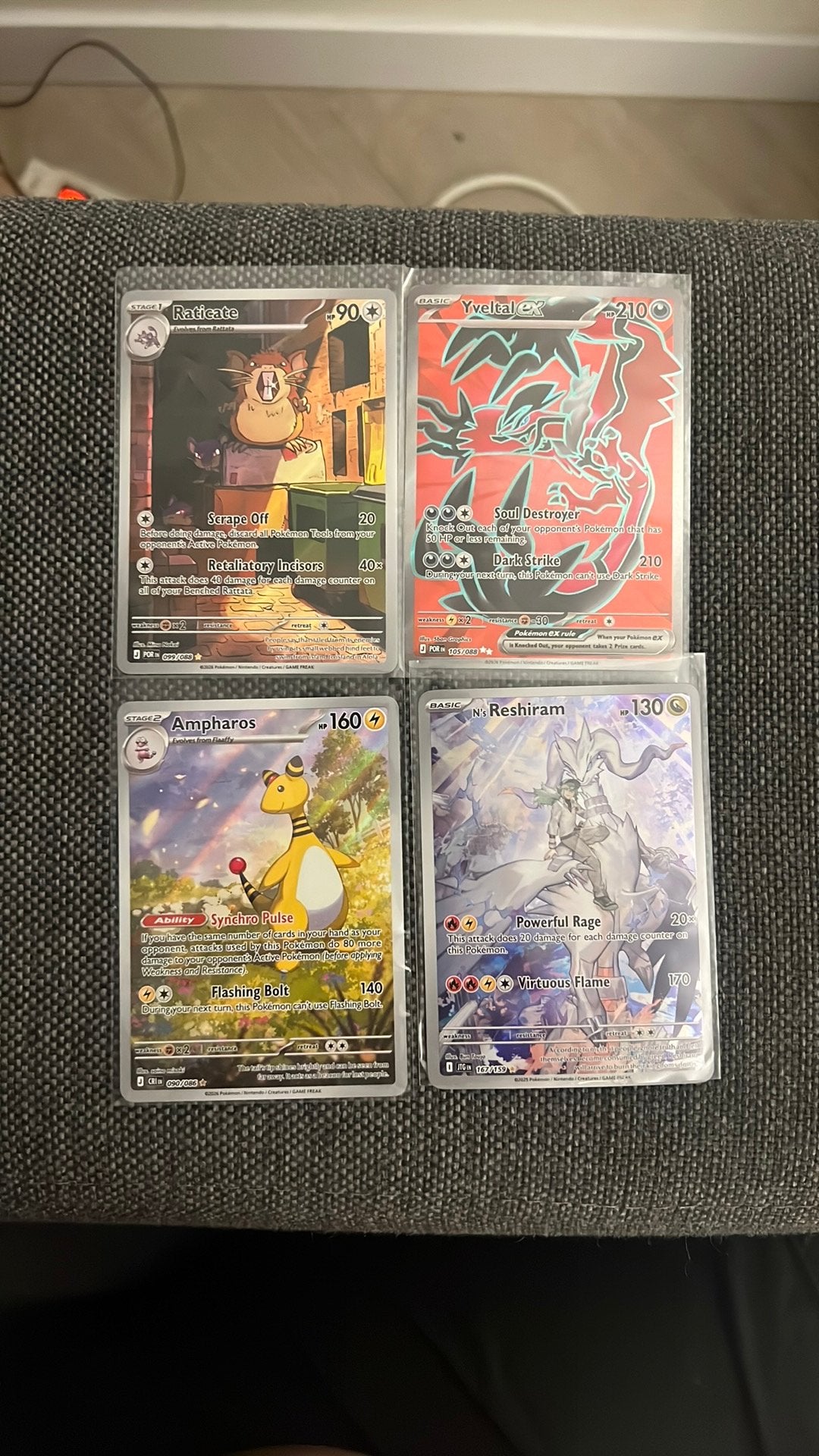 Pokémon Kaarten: Raticate, Yveltal-EX, Ampharos, Reshiram, Ophalen of Verzenden, Zo goed als nieuw, Meerdere kaarten