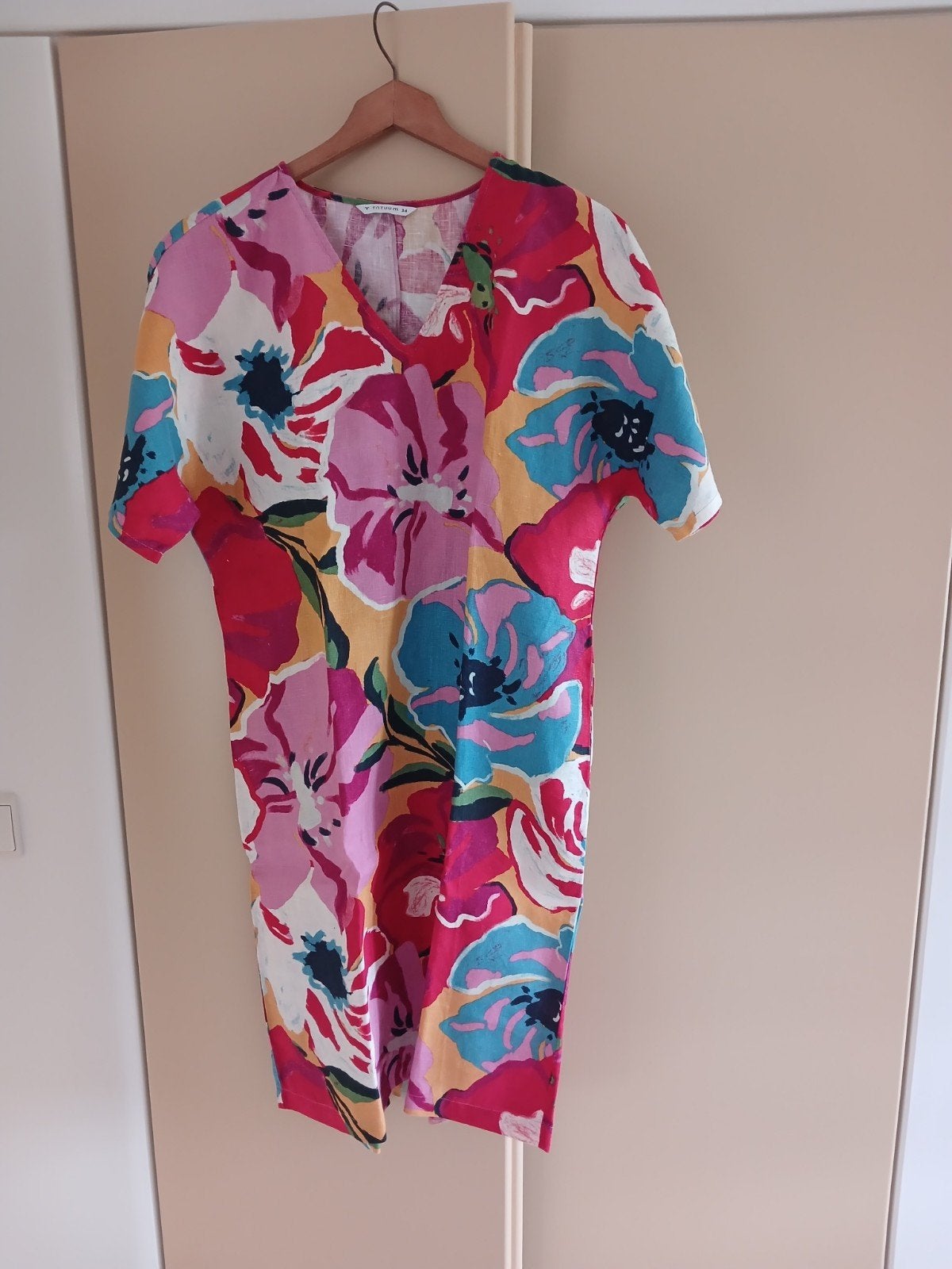 Linnen jurk met bloemenprint, maat M/38, Kleding | Dames, Jurken, Zo goed als nieuw, Maat 38/40 (M), Meerkleurig, Onder de knie