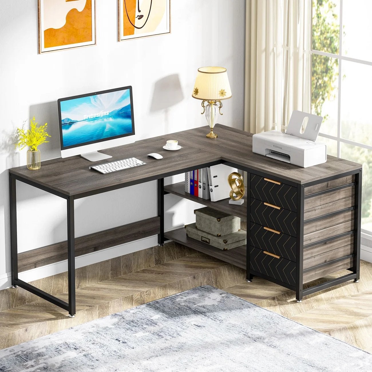 Grijs-NIEUW Tribesigns 150 cm Bureau, 4 Laden & 2 planken, Hout, Nieuw, Ophalen of Verzenden, Overige merken