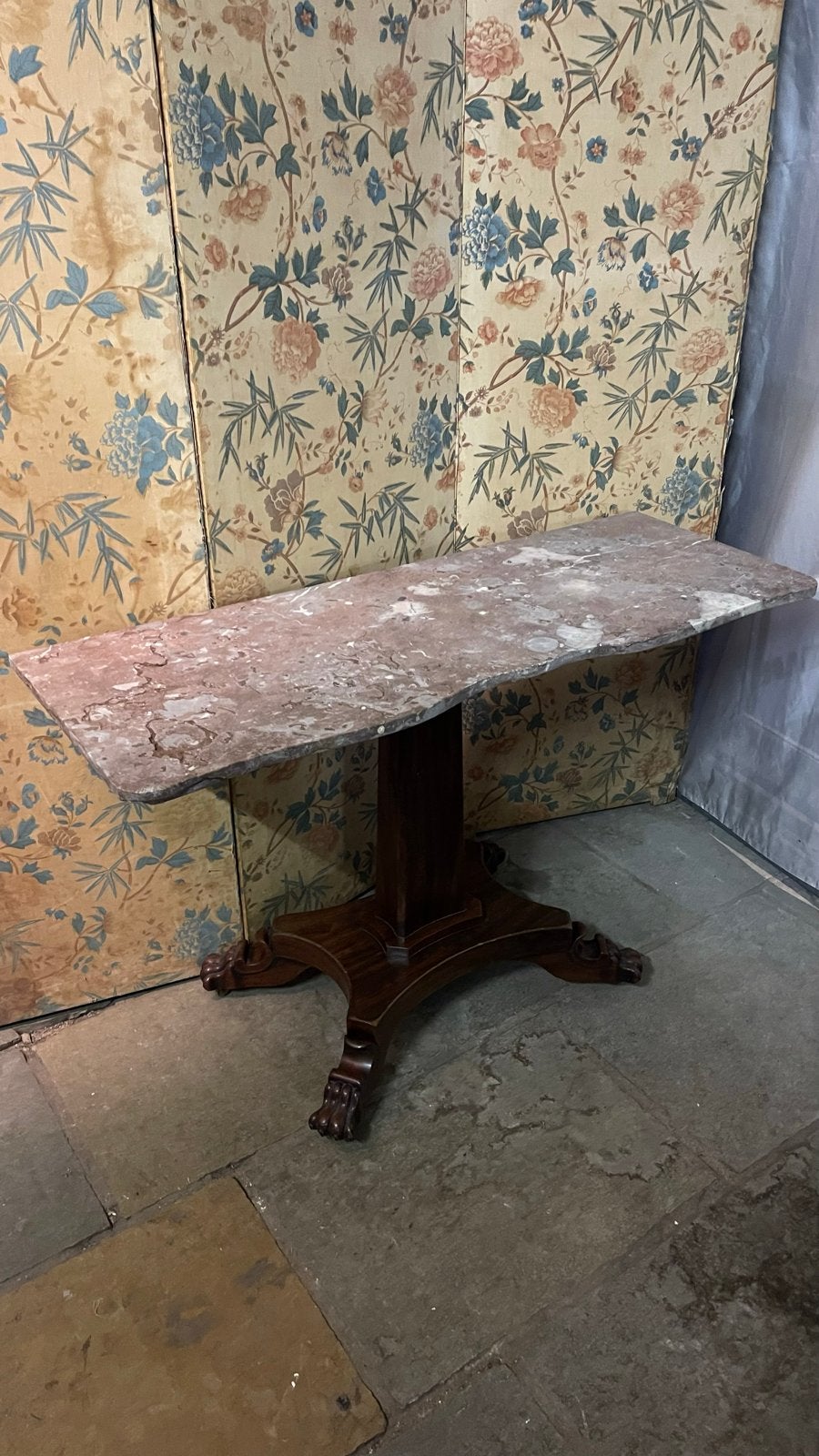 antieke tafel Empire/Biedemeier onderstel+roze marmeren blad, Ophalen