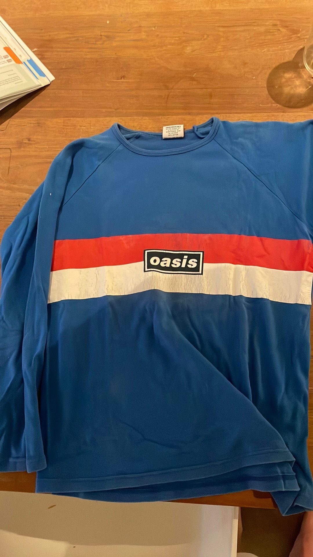 Vintage Oasis T-shirt - Blauw met bandlogo, Ophalen of Verzenden, Zo goed als nieuw, Maat 46 (S) of kleiner, Blauw
