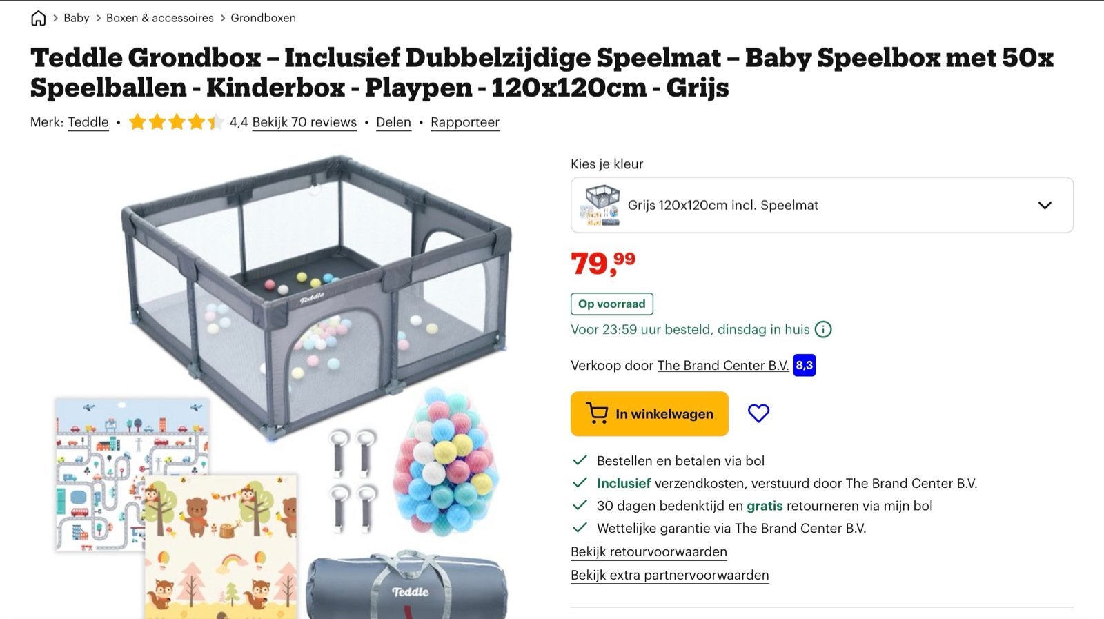 Teddle Grondbox 120x120cm met Speelmat & 50 Ballen - Grijs, Kinderen en Baby's, Boxen, Ophalen, Nieuw, Vierkant, Boxkleed