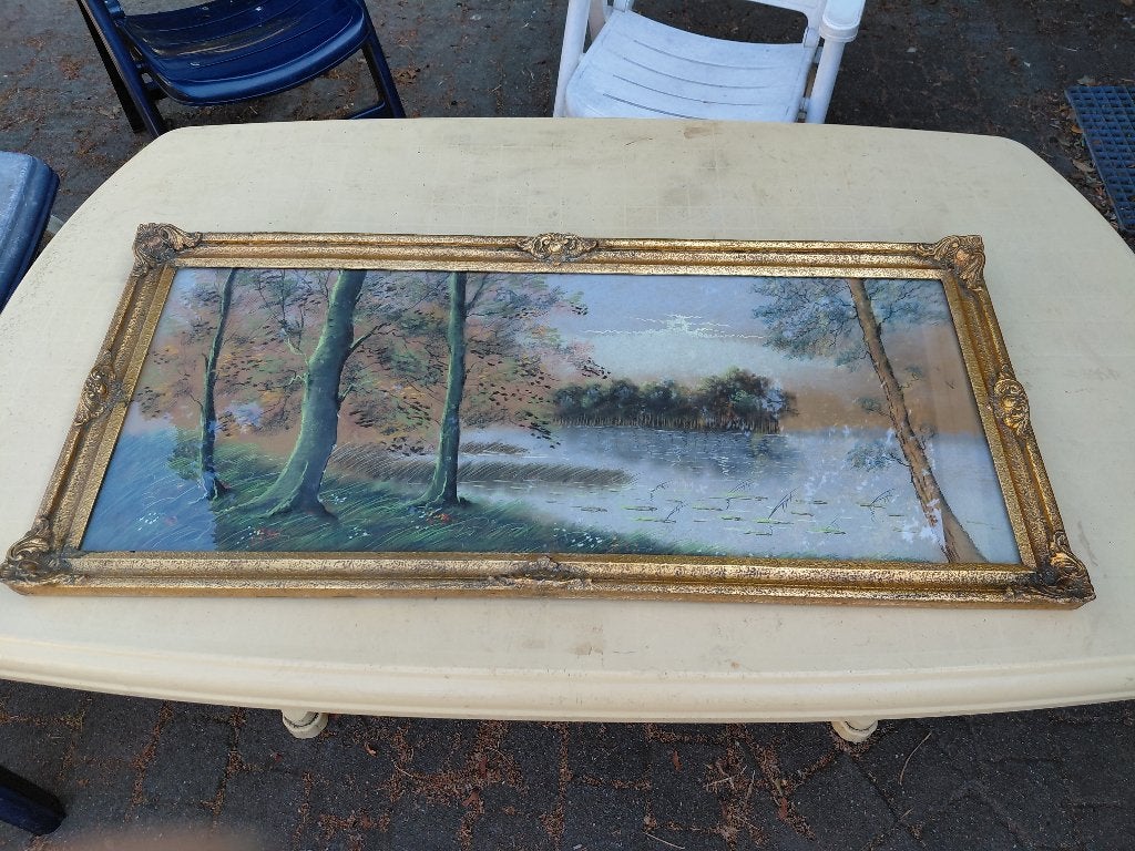Pasteltekening van bos/waterlandschap, vergulde Baroklijst., Ophalen, Tekening, Pasteltekening, Handgemaakt